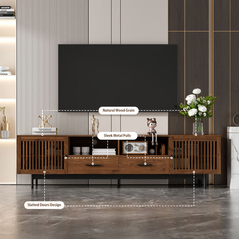 TV Stand, Media Console With 2 Drawers, Soft Closing Slatted Doors, Living Room Entertainment Center - Walnut