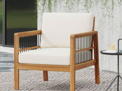 Club Chair With Slat Panel Design - Teak / Beige