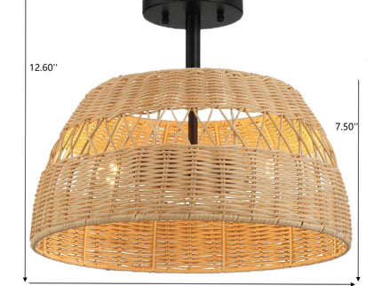 Twinkle - Double Lights Semi Flush With Shade - Black / Rattan