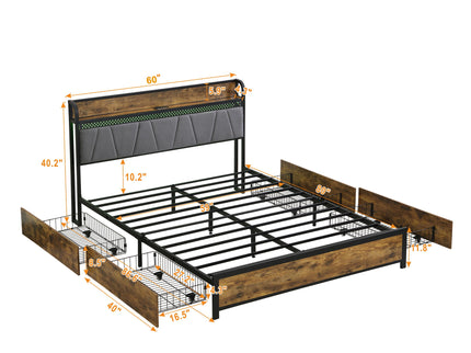 Modern Bed Frame With LED Lights, Upholstered Headboard, USB Charging