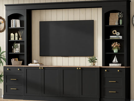 Arched Entertainment Center Wall Unit With Bookshelf, Retro Large TV Stand