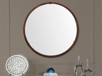 Hausen - Mid-Century Modern Round Accent Wall Mirror - Brown Walnut