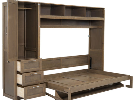 Full Size Murphy Bed With Wardrobe, Drawers, And Open Shelves - Wood