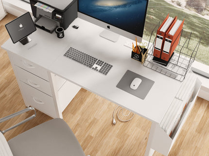 Office Desk With Power Outlet, 3 Drawers And Side Pocket For Office - White