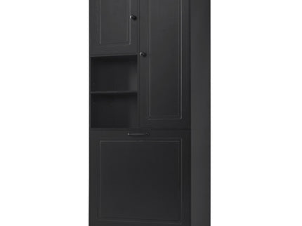Modern Tall Storage Cabinet With Adjustable Shelves, Flip-Out Basket & Enclosed Doors