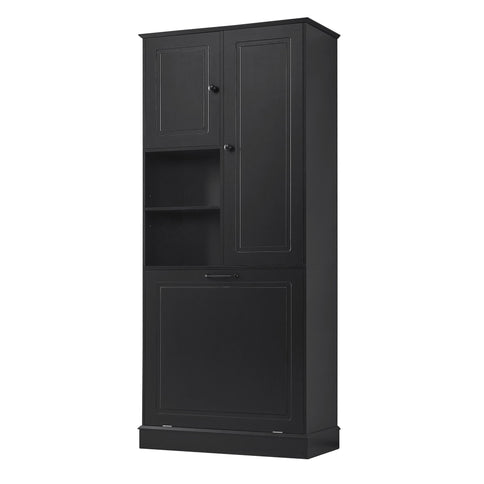 Modern Tall Storage Cabinet With Adjustable Shelves, Flip-Out Basket & Enclosed Doors