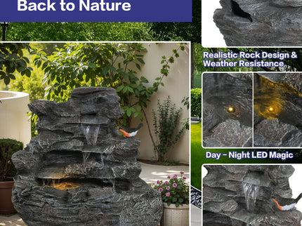 Concrete Rock Waterfall Fountain With LED Lights, Outdoor Garden Decor
