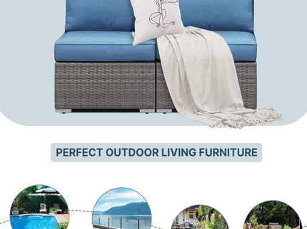 Armless Patio Sofa Set, With UV Resistant Frame And Waterproof Cushions - Blue / Brown
