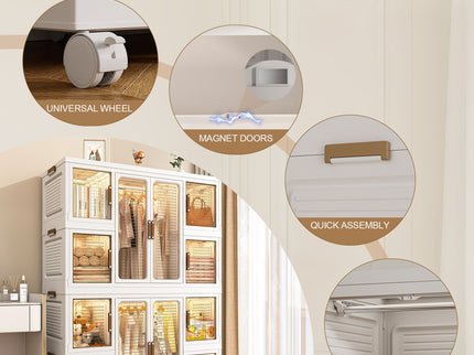 Portable Wardrobe Closet Storage Organizer For Clothes With Magnetic Doors, 12 Cubes & 2 Hanging Rods - White