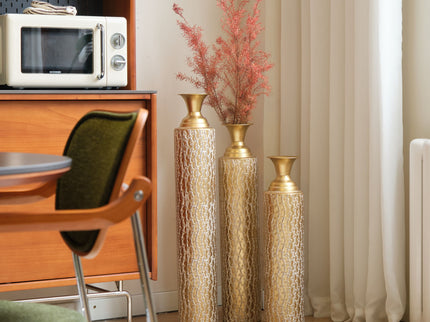 Metal Decorative Vases High Distress Metal Center Vases With Growing Vine Patterns, (Set of 3) Vases For Home Decoration - Gold