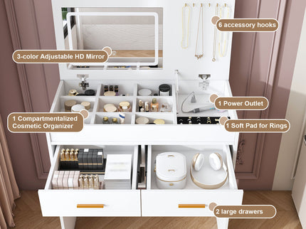 Flip Top Vanity Desk With LED Mirror & Outlet Makeup Table With 2 Drawers, Open Storage, And Jewelry Hooks - White