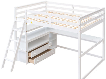 Modern Loft Bed With Built In Desk, Shelves, And 2 Drawers