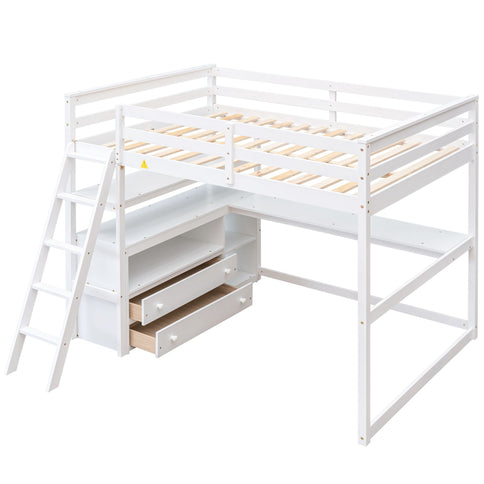 Modern Loft Bed With Built In Desk, Shelves, And 2 Drawers