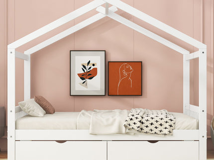 House Style Platform Bed With Headboard, Footboard, 2 Drawers, And Roof Design