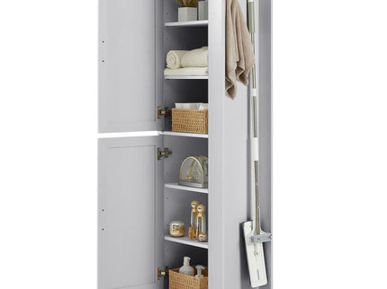Tall Freestanding Bathroom Storage Cabinet With Adjustable Shelves And Side Hooks
