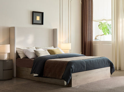 Shelton - Queen Upholstered Wingback Bed With 54" High Headboard - Ivory / Light Gray / Camel Oak