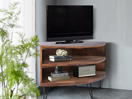 Fan Shape Reclaimed Wood Corner Media Table For Living Room Wise Use Your Space - Natural