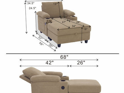 Accent Chair With Storage Ottoman, Reclining Single Chaise Lounge With Cupholders And USB, C Ports