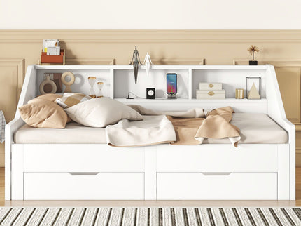 Daybed Frame With Storage Bookcases, 2 Drawers, Charging Station