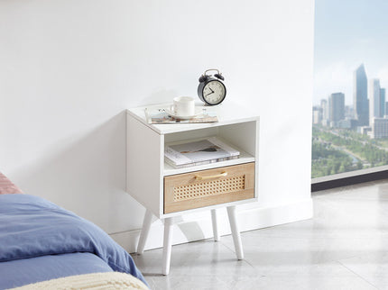 15.75" Rattan End Table With Drawer And Solid Wood Legs, Modern Nightstand, Side Table For Living Room, Bedroom