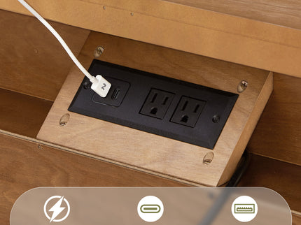 Nightstand With Charging Station, 3 Drawer Bedside Table - Natural Wood