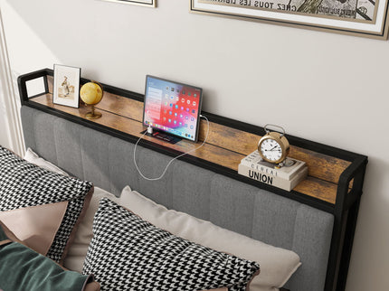 Bed With Charging Station, American Design Upholstered Headboard, Metal Platform