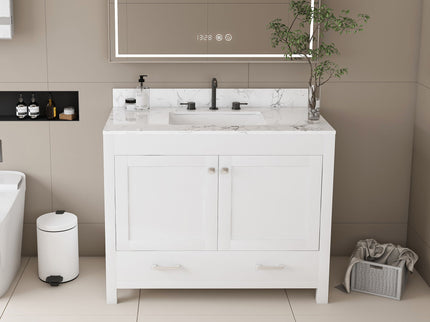 43" Bathroom Vanity With Artificial Marble Carrara Top Set, Multi Functional Bathroom Cabinet With Doors And Drawer - White