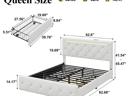 Upholstered Bed Frame With LED Lights, 4 Storage Drawers, Charging Station