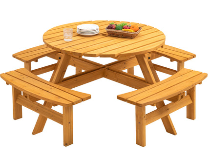 8 Person Wooden Picnic Table, Outdoor Camping Dining Table With Seat, Garden, Diy With 4 Built-In Benches, 2220Lb Capacity