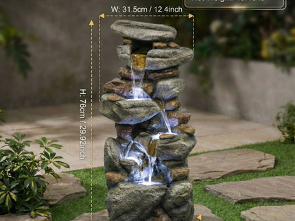 Stacked Rock Waterfall Fountain With LED Lights For Garden - Gray