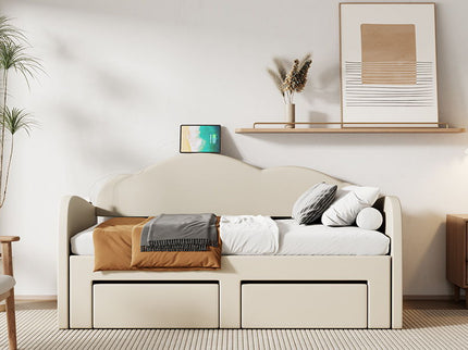 Upholstered Daybed With Cloud-Shaped Backrest, Trundle & 2 Drawers And USB Ports