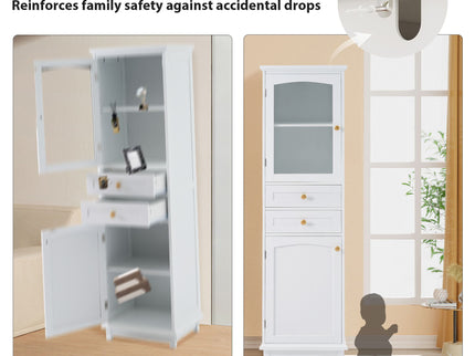 Tall Bathroom Storage Cabinet With Glass Doors, Free-Standing, Two Drawers, And Adjustable Shelves, Board, Painted Perfect For Displaying Your Favorite Items