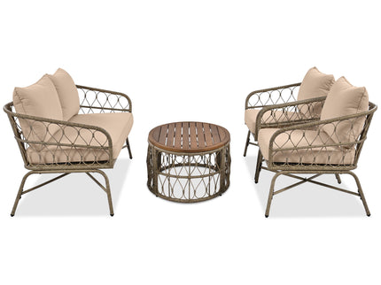 Bohemia-Inspired 4 Person Outdoor Seating Group With Removable Cushions, Conversation Patio Set With Wood Tabletop - Beige