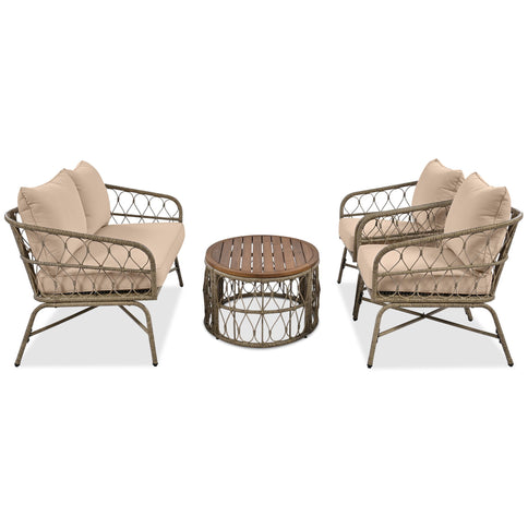 Bohemia-Inspired 4 Person Outdoor Seating Group With Removable Cushions, Conversation Patio Set With Wood Tabletop - Beige