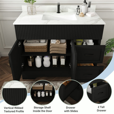 Bathroom Vanity Set, Fluted Cabinet, Soft Close Doors, Single Faucet Hole, Sink Included - Black