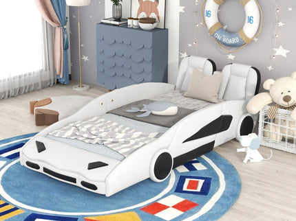 Race Car Shaped Twin Platform Bed With Wheels, Pine Wood Construction