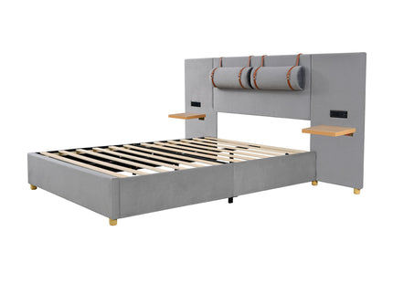 Upholstered Platform Bed, 2 Outlets And USB Charging Ports On Both Sides, 2 Bedside Pillows, Storage Shelves