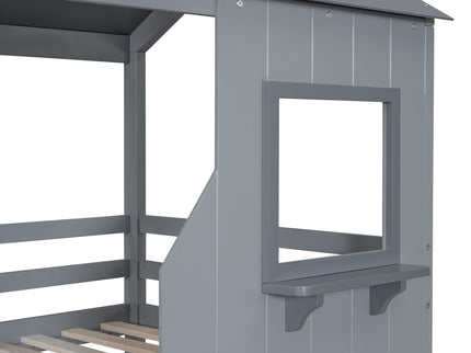 Twin Over Twin Bunk Bed With Roof, Window, Guardrail, Ladder