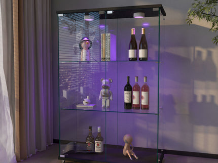 Modern Display Cabinet With LED Lights, Transparent Tempered Glass 2 Door Storage Case With 3 Shelves