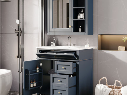 Bathroom Vanity With Top Sink, 2 Doors And 3 Drawers, Freestanding Set With Mirror Cabinet
