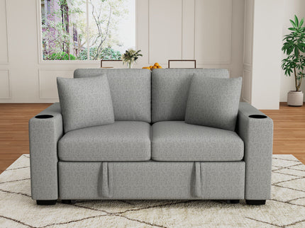 Modern 2 Seater Loveseat Sofa With Pull-Out Bed, Fabric, Built-In USB Ports & Cup Holders