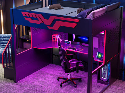 Full Gaming Loft Bed With Desk And Storage Staircase, LED Lights And USB - Red / Black