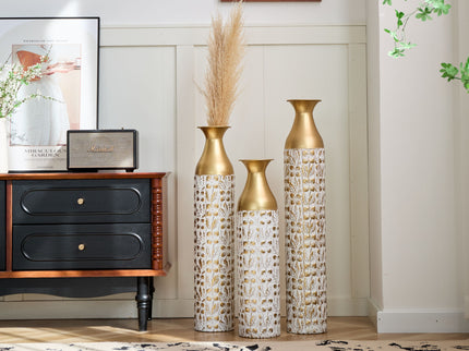 Mother's Day Gift Set Gilded White 3D Relief Flower Metal Vase Set - White / Gold