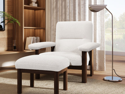 Modern Accent Chair With Ottoman, Mid Century Lounge Chair With Footrest, Comfy Fabric Armchair Upholstered Set With Solid Wood Frame For Living Room - White