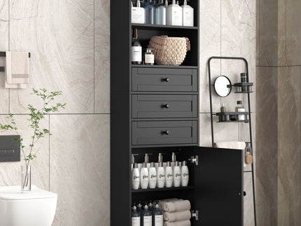 Tall Storage Cabinet With 3 Drawers And Adjustable Shelves For Bathroom