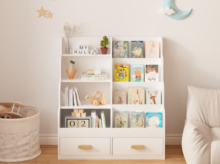 Bookshelf With 2 Storage Drawers, Front Facing Bookcase And Toy Organizer, Multi Tier Reading Shelf - White