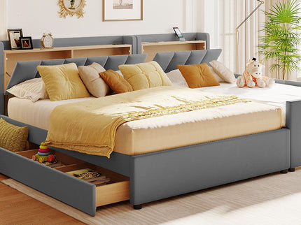 Upholstered Mother & Child Bed With Hydraulic Storage System, Drawer Box, Bedhead Storage Shelf And 2 Pairs Of Sockets & USB Ports