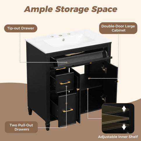 Freestanding Bathroom Vanity With Sink, Soft Close Door, Tip Out Drawer