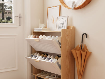 Shoe Storage Cabinet With 2 Flip Drawers, Compact Entryway Organizer - Natural / White