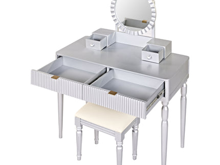 Luxury Vanity Desk With Round Mirror Height Adjustable Dressing Table Set Engineered Wood - Silver